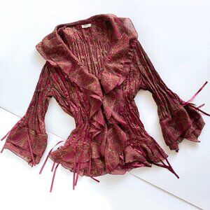 Vintage Agora Y2K Ruffle Blouse S Crinkle Bell Sleeve Boho Top